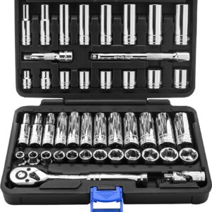 EPAuto 45 Pieces 3/8" Drive Socket Set with 72-Tooth Pear Head Ratchet